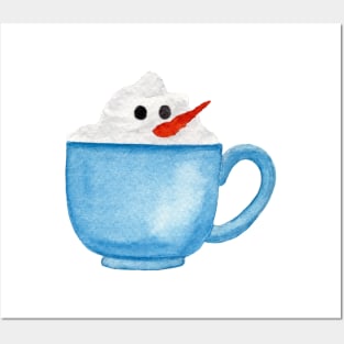 Hot Chocolate Snowman - Shy Snowman in a blue mug Posters and Art